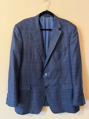Samuelsohn Blue Plaid Wool-Silk-Linen Blazer Sport Coat Size 46 Tall